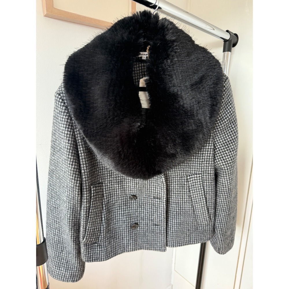 Reformation Houndstooth Faux Fur Collar Cropped Pea Coat Grey Black Womens - Med